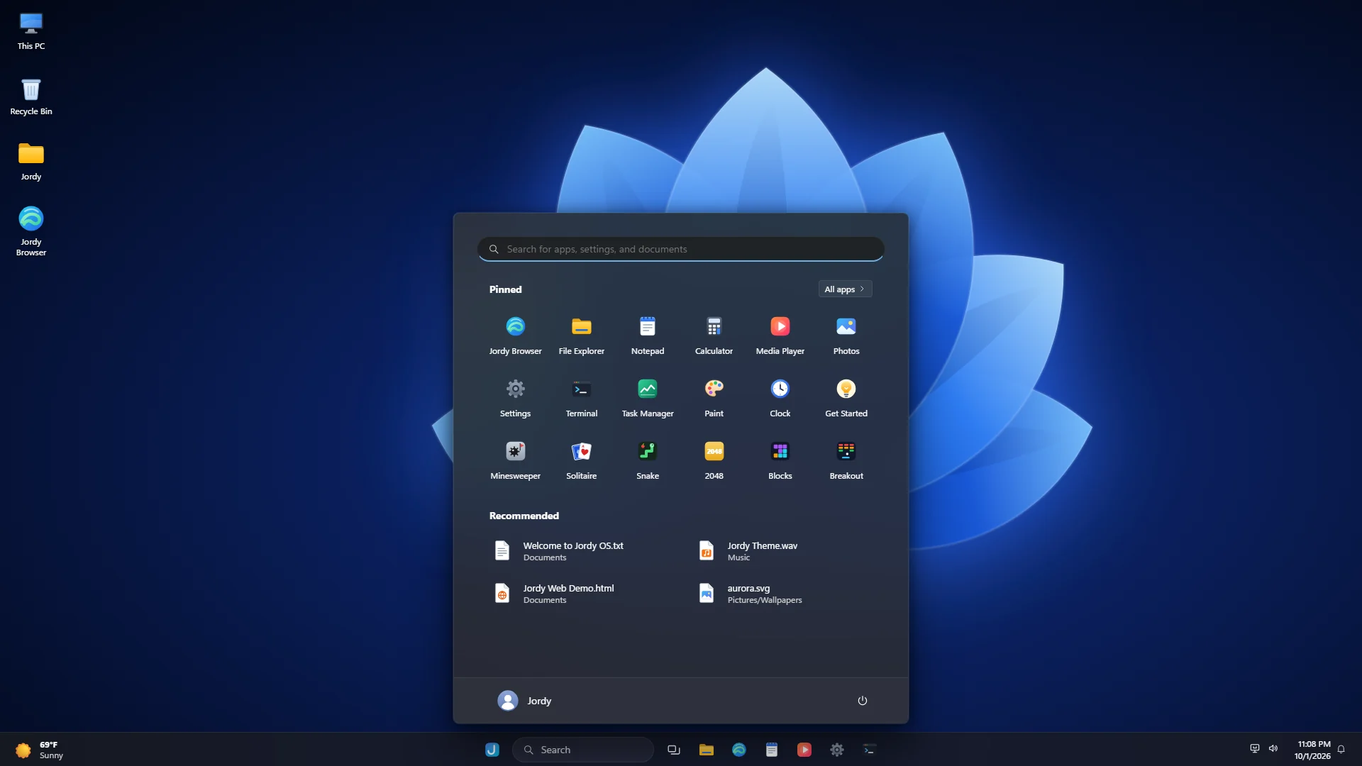 The Jordy OS desktop with the Start menu open